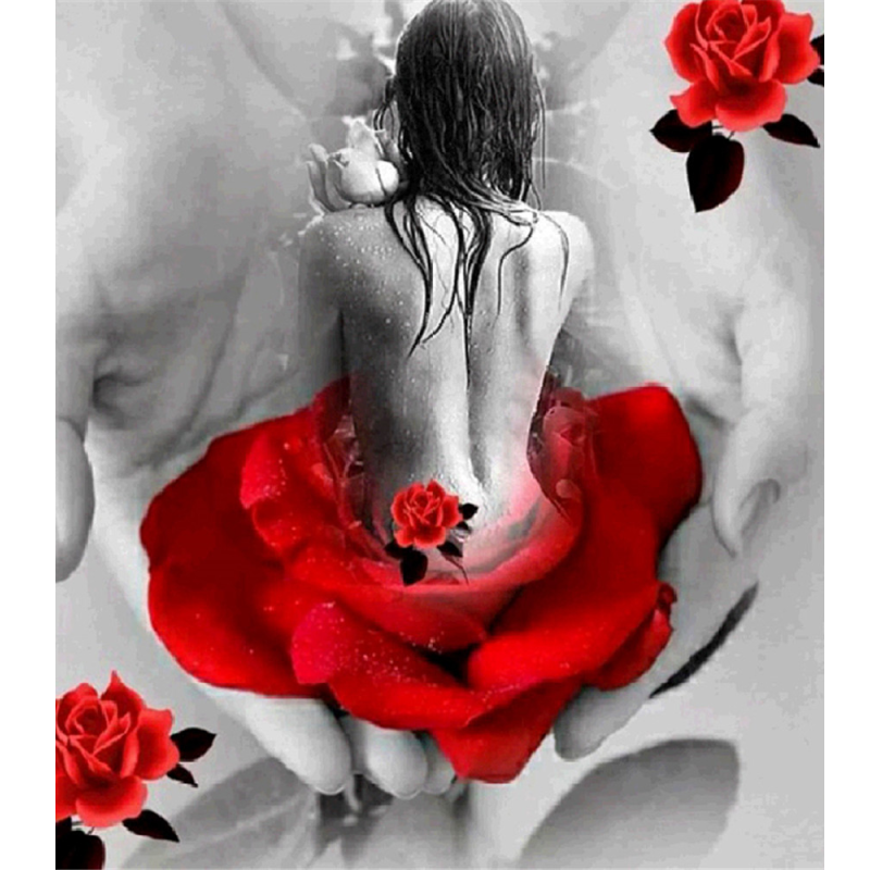 Frau in roter Rosenblüte DIY Diamond Painting mit runden oder eckigen Steinli