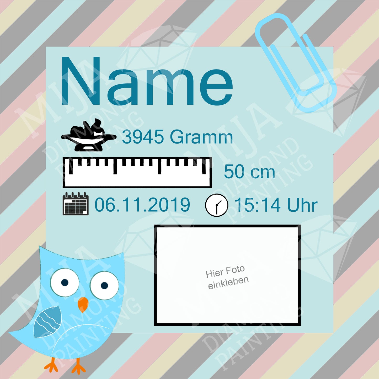 Personalisiertes Diamond Painting Eule als Geschenk zur Taufe oder Geburt