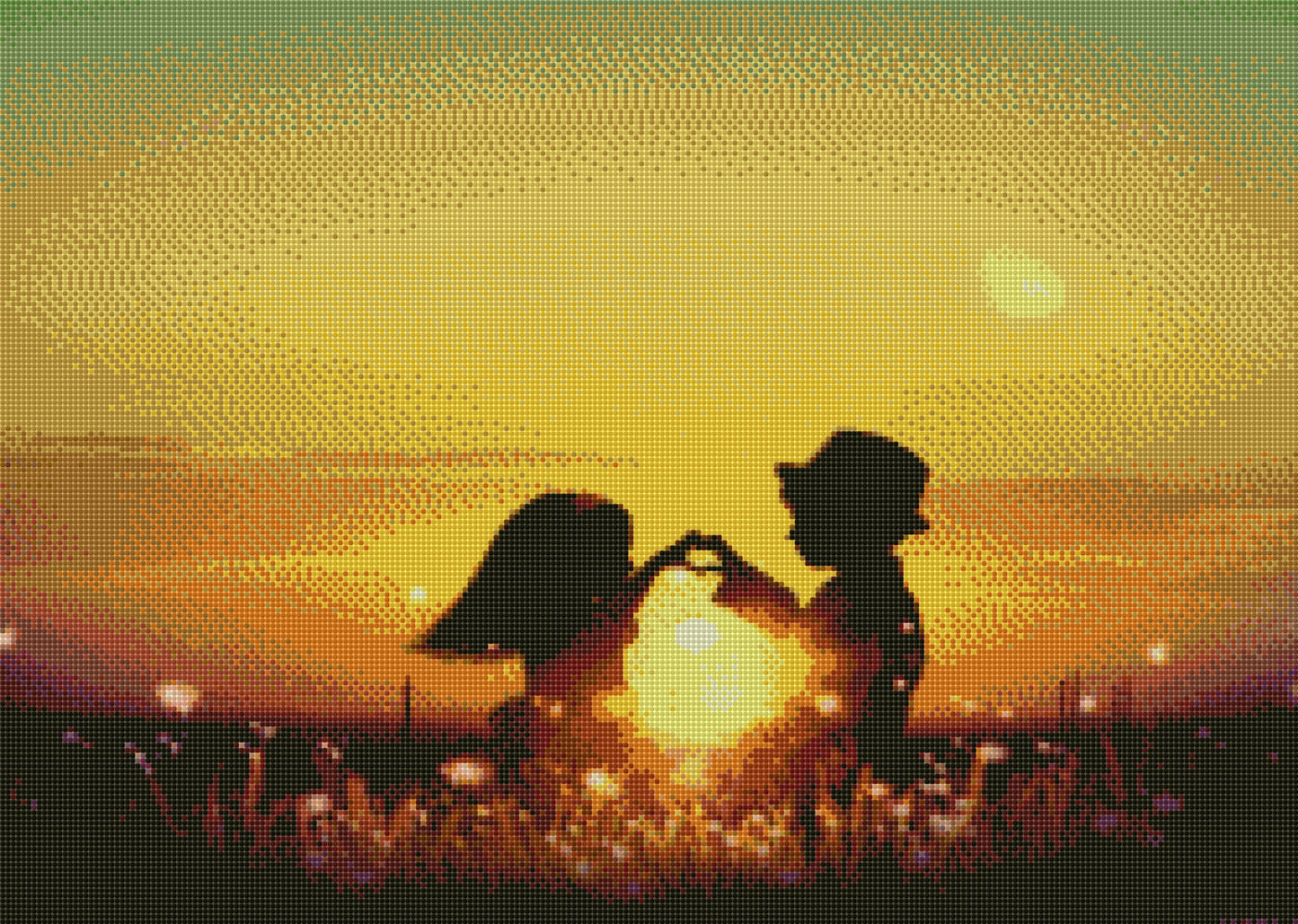 Kinder im Sonnenuntergang DIY Diamond Painting mit runden oder eckigen Steinli