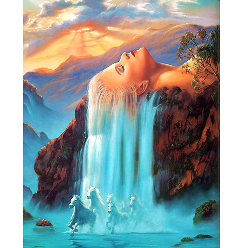 Wasserfall mit Pferden DIY Diamond Painting mit runden oder eckigen Steinli