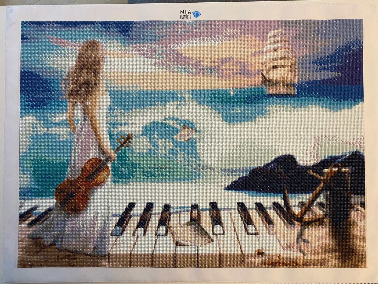 Meeressymphonie Frau mit Geige DIY Diamond Painting mit runden oder eckigen Steinli