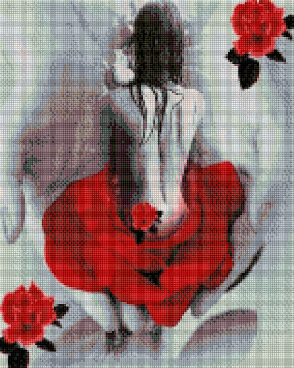 Frau in roter Rosenblüte DIY Diamond Painting mit runden oder eckigen Steinli