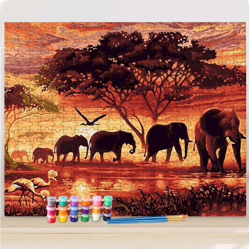 Elefanten in Afrika Puzzle Painting - DIY Malen nach Zahlen Puzzle