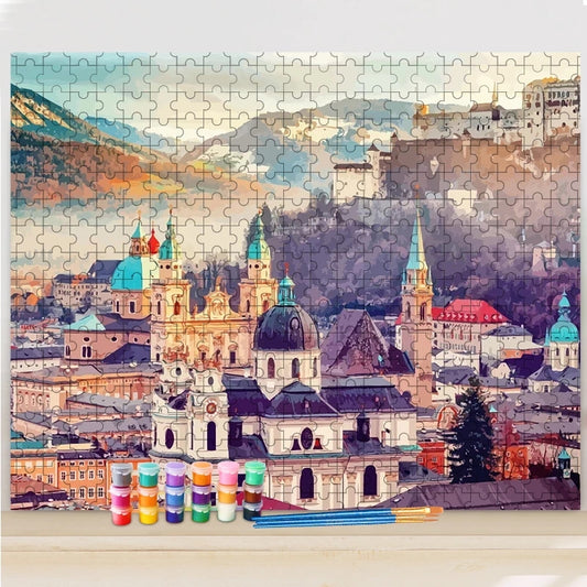 Stadt mit Bergen Puzzle Painting - DIY Malen nach Zahlen Puzzle